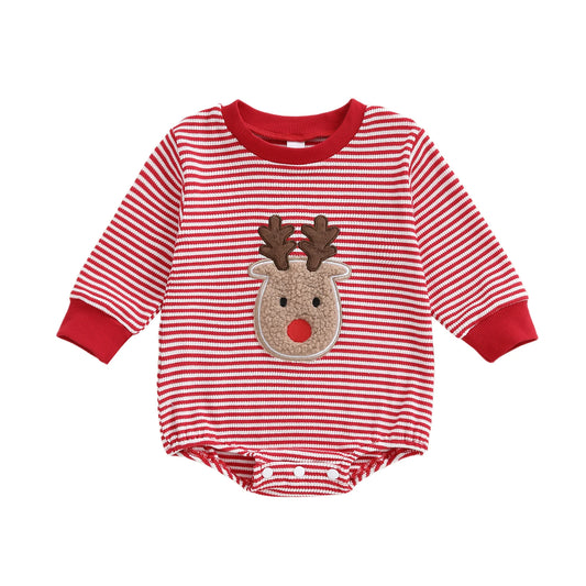 Baby Striped Romper Fashionable Christmas Reindeer Embroidery Round Neck Long Sleeve Jumpsuit