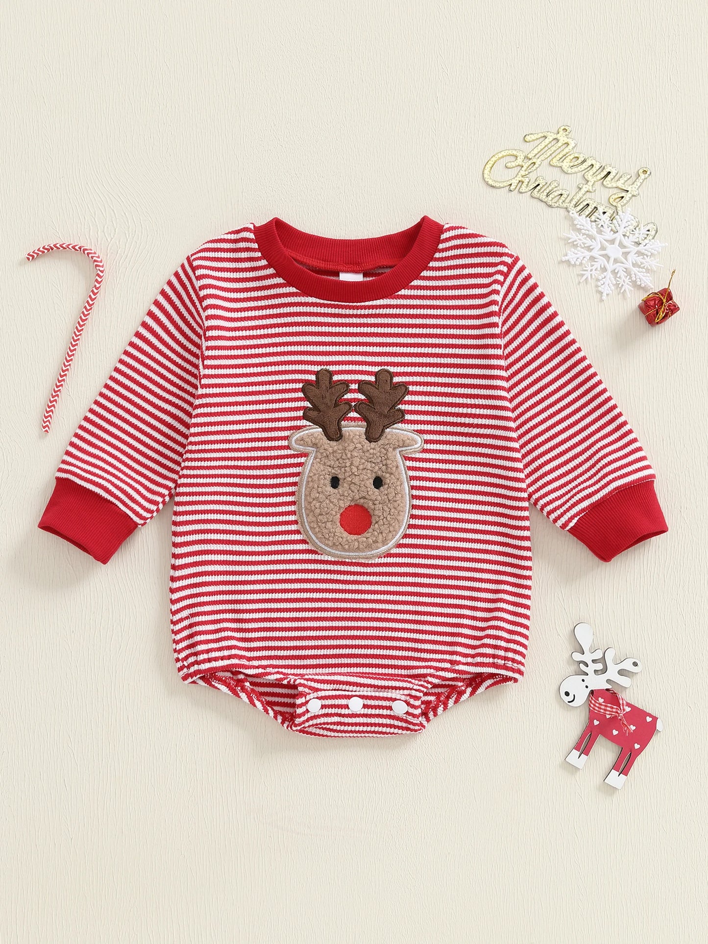 Baby Striped Romper Fashionable Christmas Reindeer Embroidery Round Neck Long Sleeve Jumpsuit