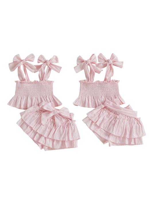2Pcs Toddler Girls Summer Set Sleeveless Bow Tie Strap Solid Color Smocked Vest Tops and Ruffled Skort Outfit