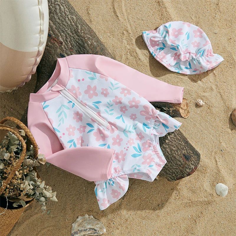 MISOWMNJOY Floral Print Kids Baby Girls Swimsuits Summer Kids Beachwear Long Sleeve Ruffle Bathing Suit Infant Swimwear with Cap