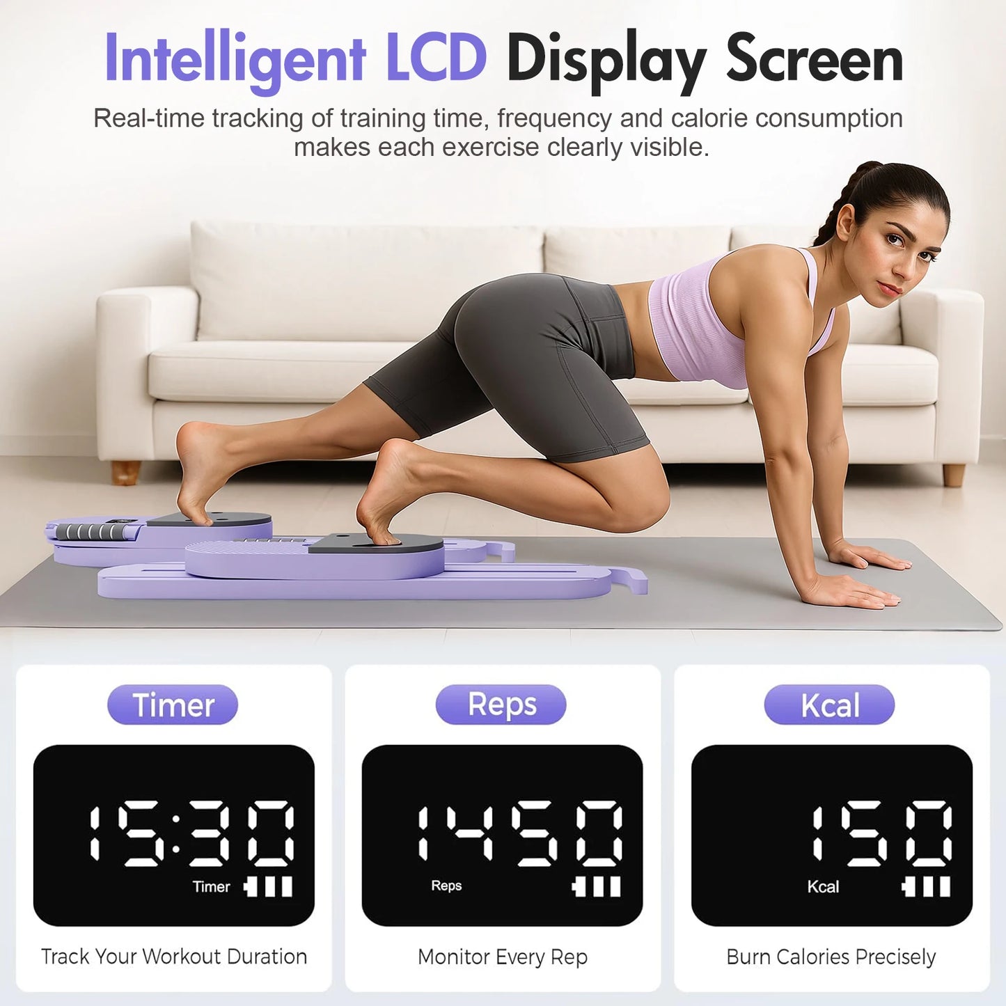 Abdominal Pilates Board Detachable Resistance Bands LCD Display Split Strength Ab Core Trainer Push-up Workout for Men Women