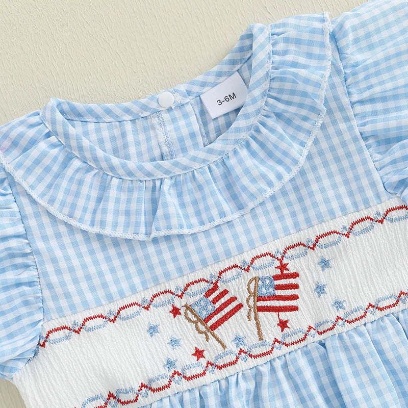 Adorable Infant American Flag Romper with Embroidered Stars and Stripes Perfect for Fourth of July Celebrations and Family
