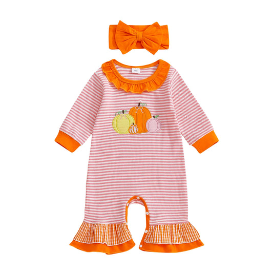 Toddler Halloween Costume Set Long Sleeve Pumpkin Embroidery Striped Romper with Matching Headband for Baby Girl