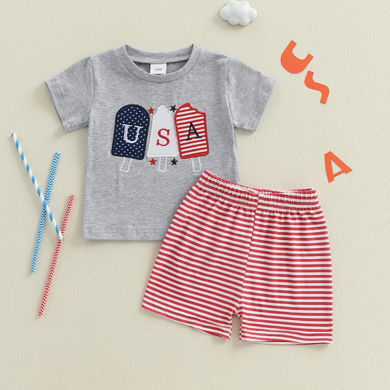 Toddler Baby Boy Girl 4th Of July Outfit USA Popsicle Short Sleeve Patriotic Tshirt Striped Shorts Independence Day Clothes