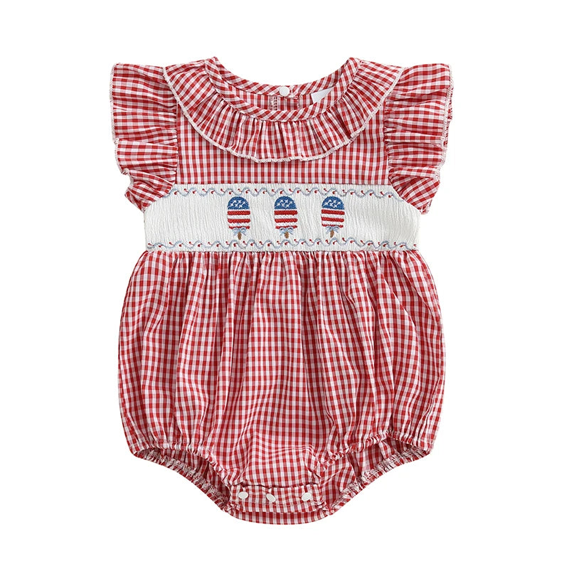 Adorable Infant American Flag Romper with Embroidered Stars and Stripes Perfect for Fourth of July Celebrations and Family