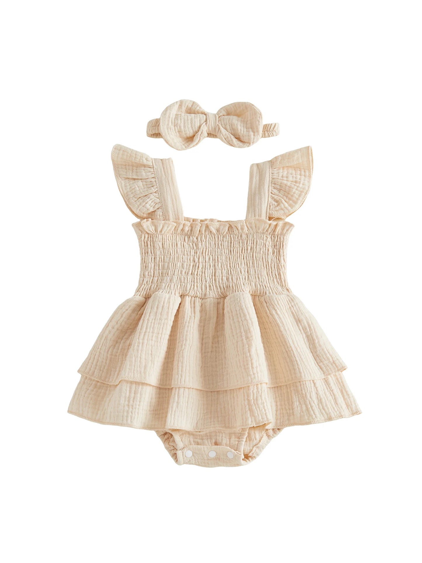 Adorable Toddler Girl Floral Print Ruffle Sleeve Romper Dress with Matching Bow Headband 2 Piece Outfit Set for Summer Fun