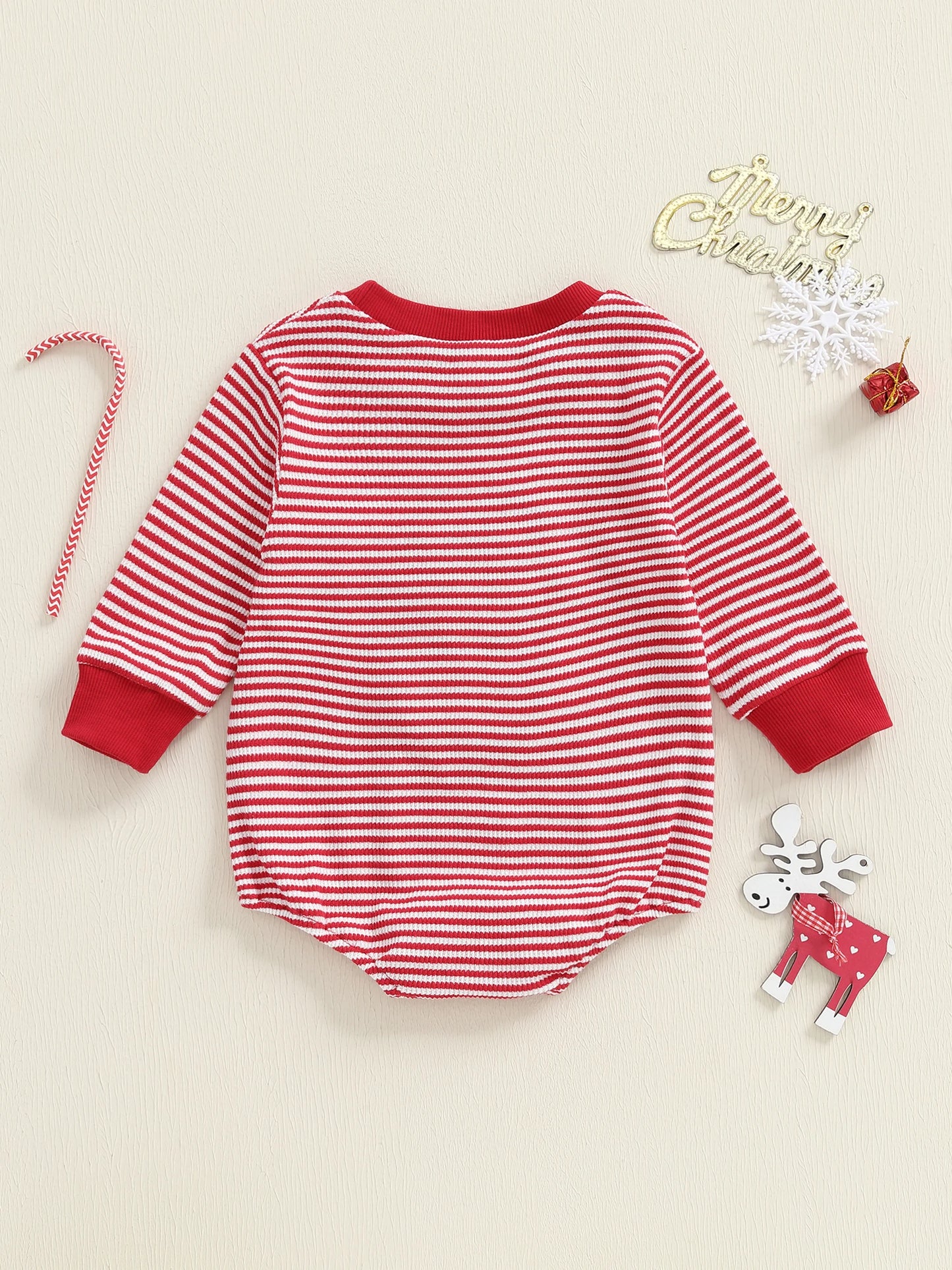 Baby Striped Romper Fashionable Christmas Reindeer Embroidery Round Neck Long Sleeve Jumpsuit