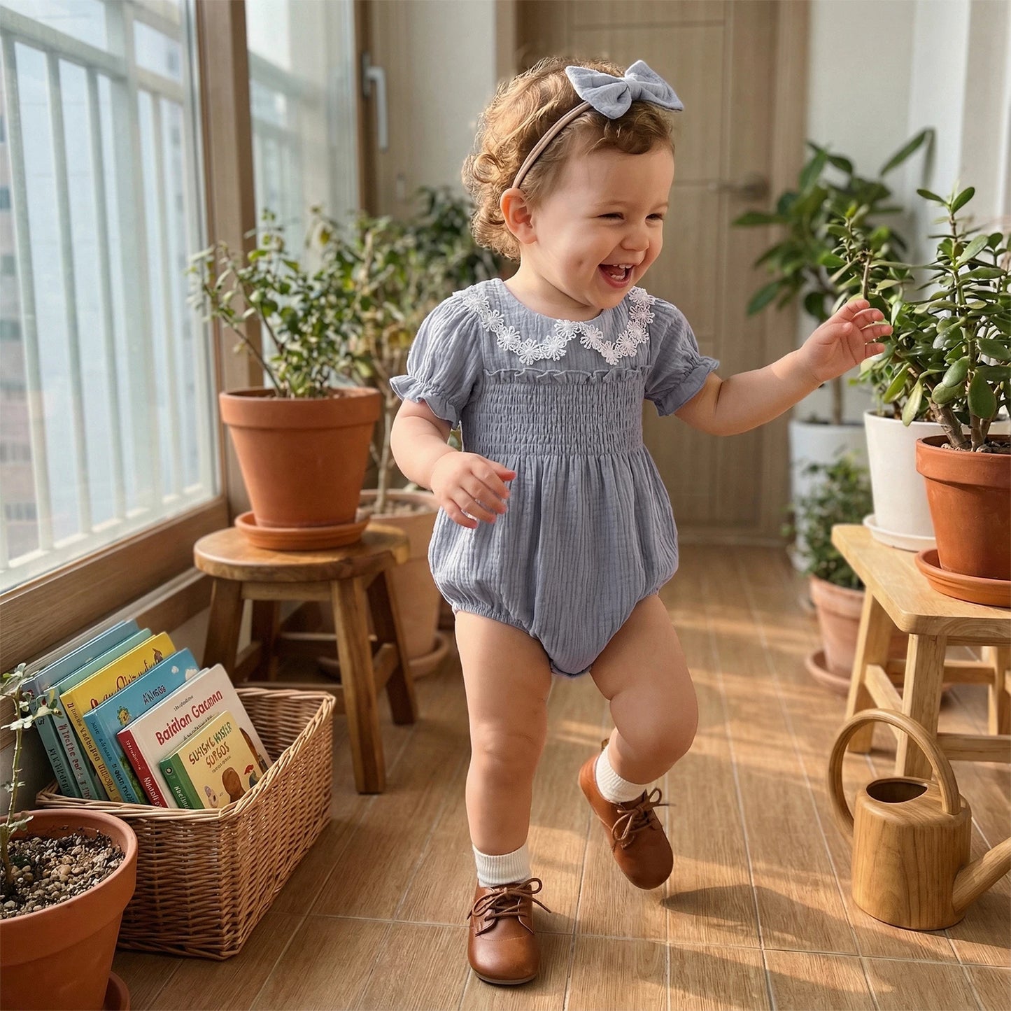FOCUSNORM 0-18M Lovely Baby Girls Summer Romper Fashionable Flower Trim Short Bubble Sleeve Smocked Jumpsuit with Headband