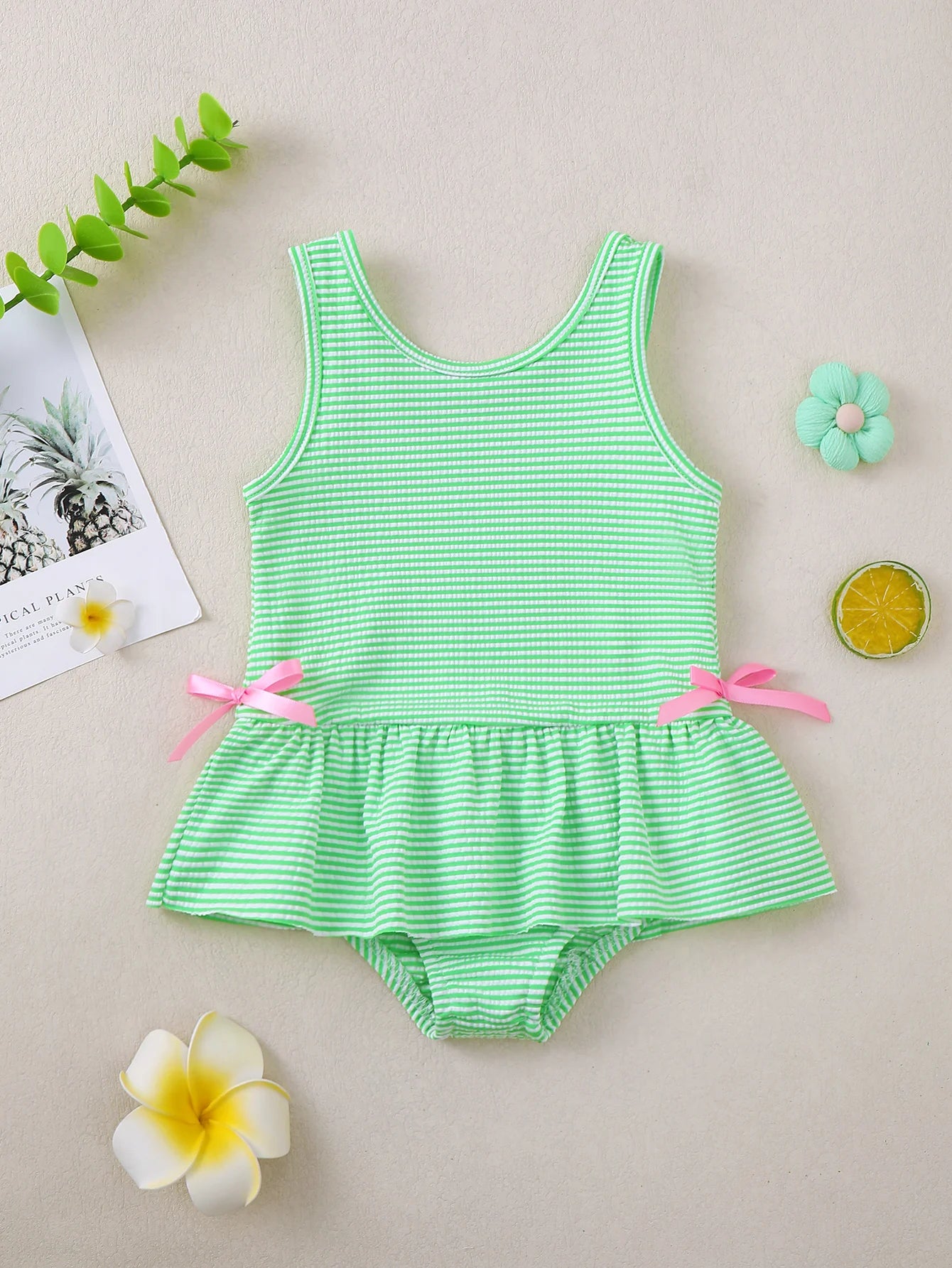 Baby Girl's Solid Stripe One-Piece Swimsuit Sleeveless Bodysuit for Toddlers And Kids