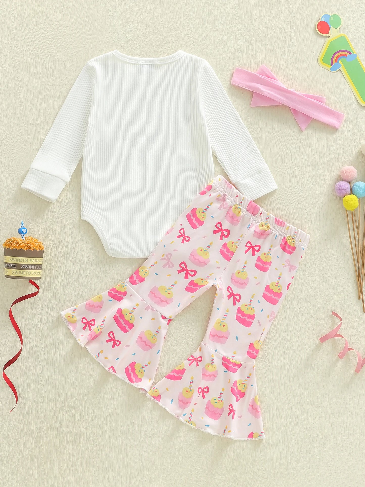 Adorable Baby Girl Birthday Outfit with Long Sleeve Romper Cake Pattern Flare Pants and Bow Headband - 3 Piece Set for a