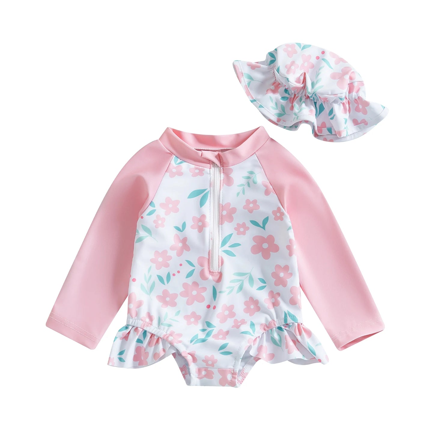 MISOWMNJOY Floral Print Kids Baby Girls Swimsuits Summer Kids Beachwear Long Sleeve Ruffle Bathing Suit Infant Swimwear with Cap