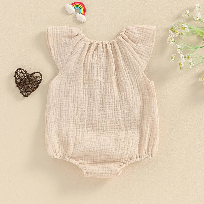 Summer Baby Clothing Girl Boy Rompers Solid Ruffle Sleeve Smocked Bubble Romper Unisex Infants Cotton Linen Jumpsuit