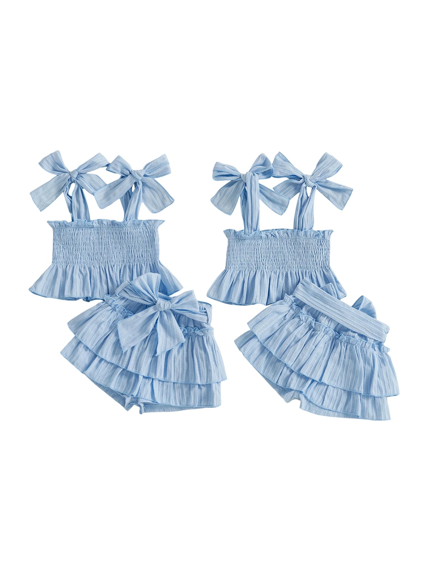2Pcs Toddler Girls Summer Set Sleeveless Bow Tie Strap Solid Color Smocked Vest Tops and Ruffled Skort Outfit