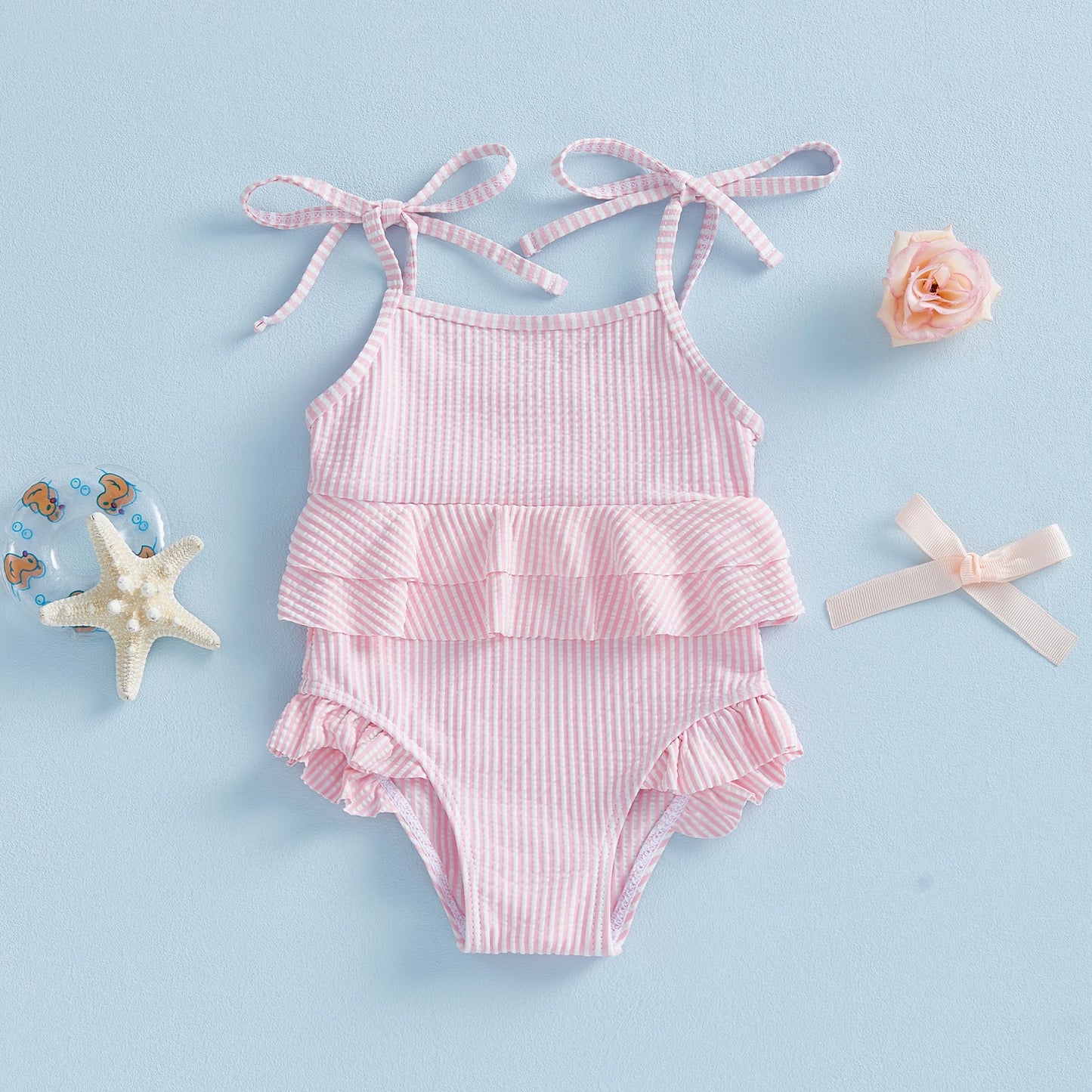 Adorable Baby Girl Floral Print Swimsuit with Bow Detail Adjustable Straps Ruffled Swimwear for Summer Beach Pool Party