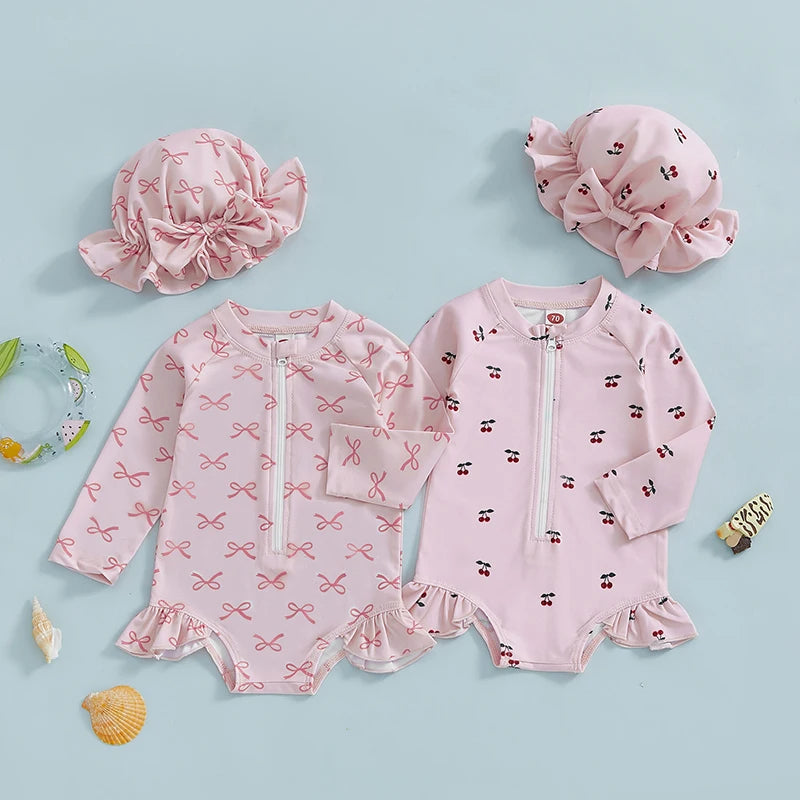 Toddler Girl Rash Guard Swimsuit Set with Long Sleeve Top and Ruffle Bottom Bathing Suit Infant Swimwear Beachwear