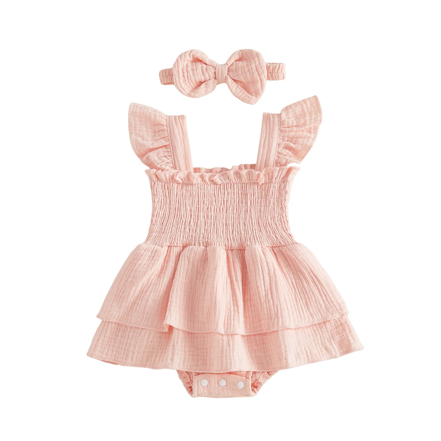 Adorable Toddler Girl Floral Print Ruffle Sleeve Romper Dress with Matching Bow Headband 2 Piece Outfit Set for Summer Fun